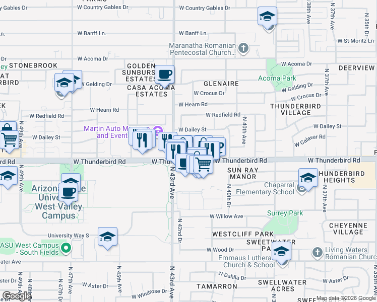 map of restaurants, bars, coffee shops, grocery stores, and more near 13823 North 42nd Lane in Phoenix