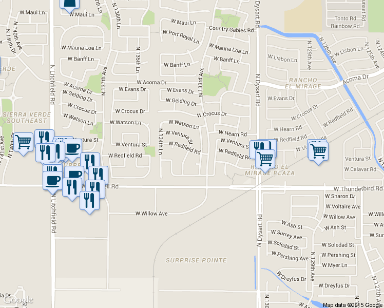 map of restaurants, bars, coffee shops, grocery stores, and more near 13343 West Redfield Road in Surprise