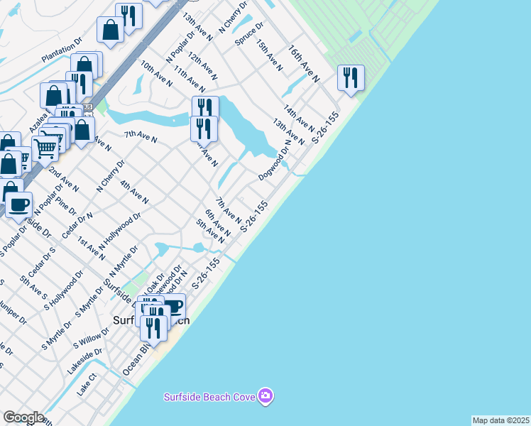 map of restaurants, bars, coffee shops, grocery stores, and more near 911 North Ocean Boulevard in Surfside Beach