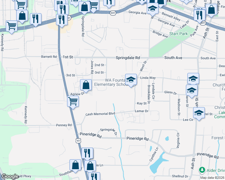 map of restaurants, bars, coffee shops, grocery stores, and more near 5212 West Street in Forest Park
