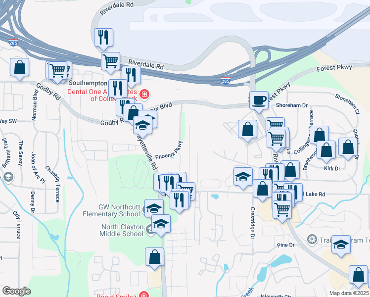 map of restaurants, bars, coffee shops, grocery stores, and more near 5273 Crystal Lane in Atlanta