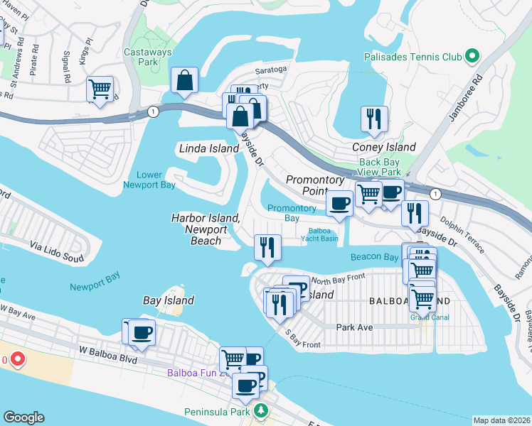 map of restaurants, bars, coffee shops, grocery stores, and more near 612 Harbor Island Drive in Newport Beach