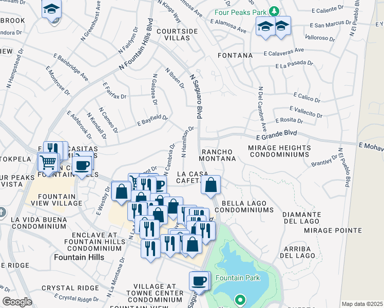 map of restaurants, bars, coffee shops, grocery stores, and more near 13838 North Saguaro Boulevard in Fountain Hills