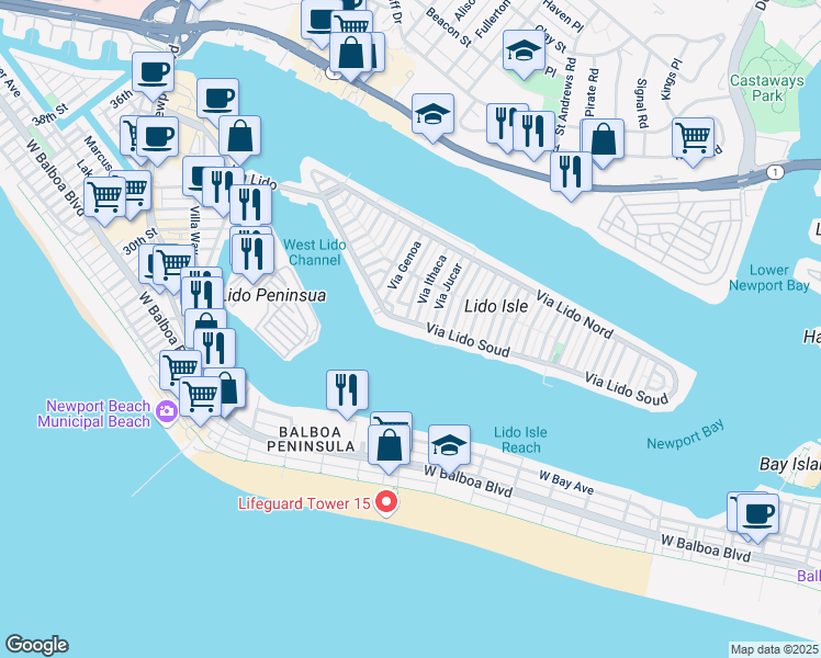 map of restaurants, bars, coffee shops, grocery stores, and more near 433 Via Lido Soud in Newport Beach