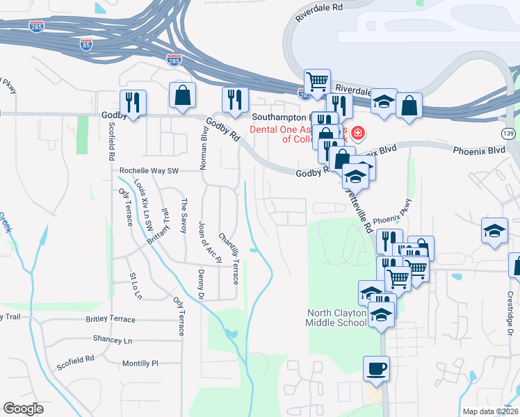 map of restaurants, bars, coffee shops, grocery stores, and more near 5260 Hanover Street in Atlanta