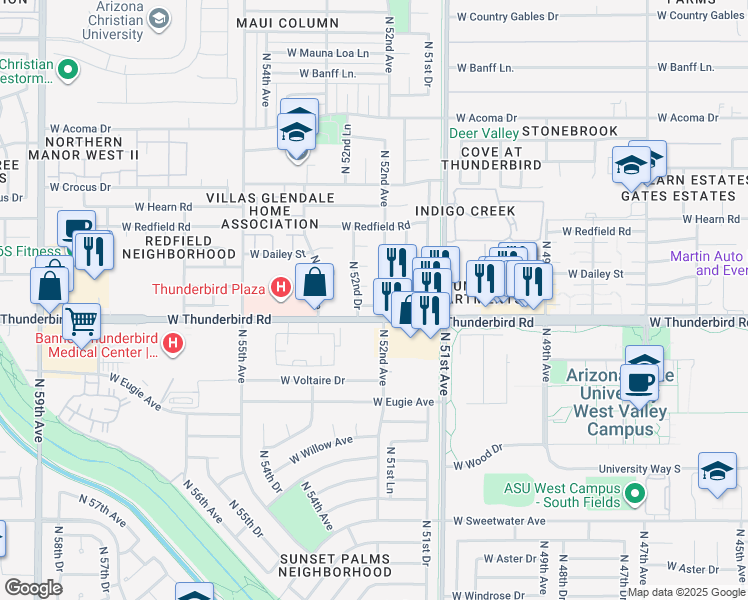 map of restaurants, bars, coffee shops, grocery stores, and more near 13830 North 52nd Avenue in Glendale