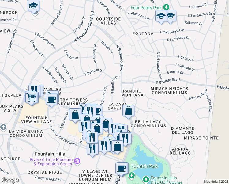 map of restaurants, bars, coffee shops, grocery stores, and more near 13814 North Hamilton Drive in Fountain Hills