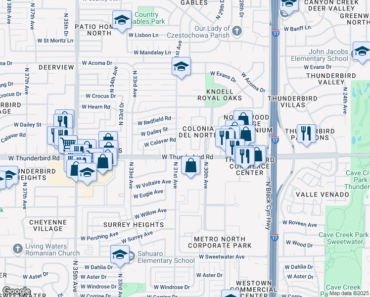 map of restaurants, bars, coffee shops, grocery stores, and more near 3055 West Calavar Road in Phoenix