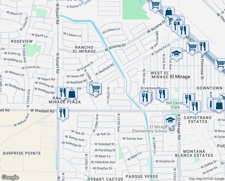 map of restaurants, bars, coffee shops, grocery stores, and more near 12730 West Well Street in El Mirage