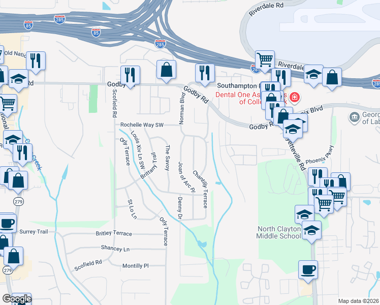 map of restaurants, bars, coffee shops, grocery stores, and more near 5248 Joan of Arc Place in Atlanta