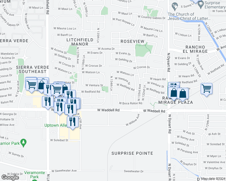 map of restaurants, bars, coffee shops, grocery stores, and more near 14043 North 134th Lane in Surprise