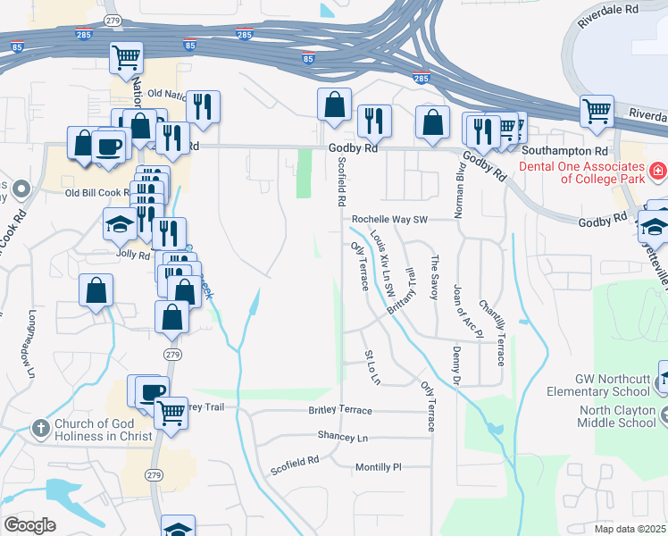 map of restaurants, bars, coffee shops, grocery stores, and more near 5257 Scofield Road in College Park