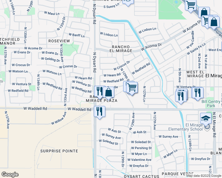 map of restaurants, bars, coffee shops, grocery stores, and more near 13019 West Via Camille in El Mirage