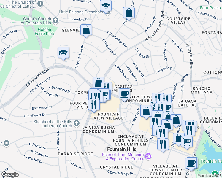 map of restaurants, bars, coffee shops, grocery stores, and more near 16336 East Palisades Boulevard in Fountain Hills
