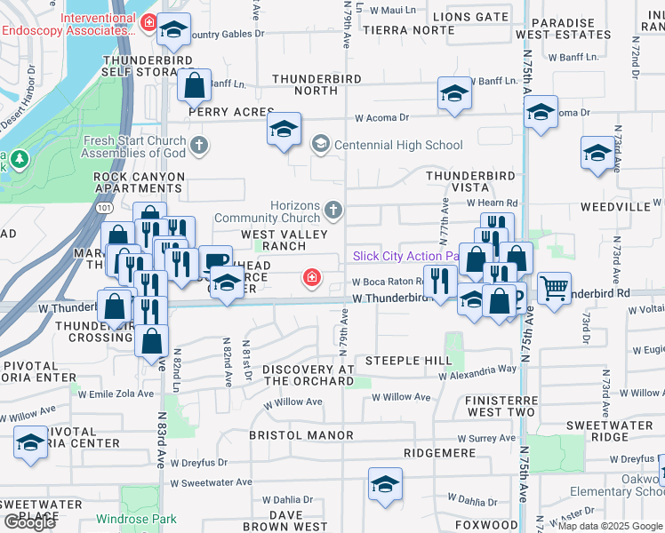 map of restaurants, bars, coffee shops, grocery stores, and more near 7972 West Thunderbird Road in Peoria