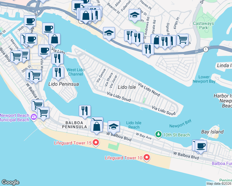 map of restaurants, bars, coffee shops, grocery stores, and more near 104 Via Lorca in Newport Beach