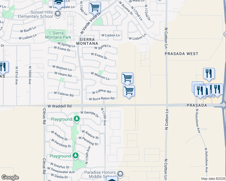 map of restaurants, bars, coffee shops, grocery stores, and more near 17421 West Ventura Street in Surprise