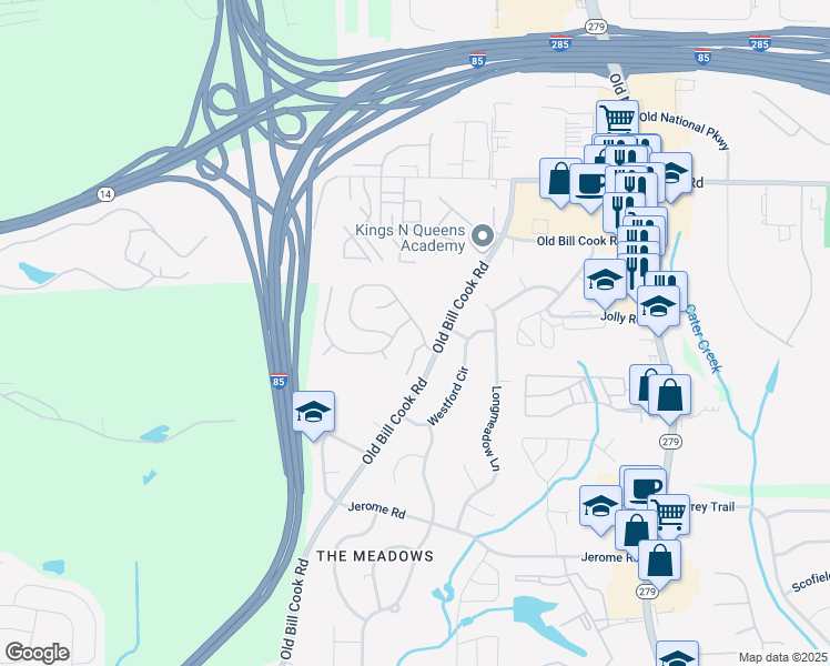 map of restaurants, bars, coffee shops, grocery stores, and more near 2718 High Tide Drive in College Park