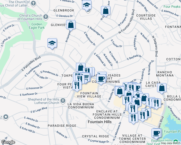 map of restaurants, bars, coffee shops, grocery stores, and more near 16323 East Arrow Drive in Fountain Hills