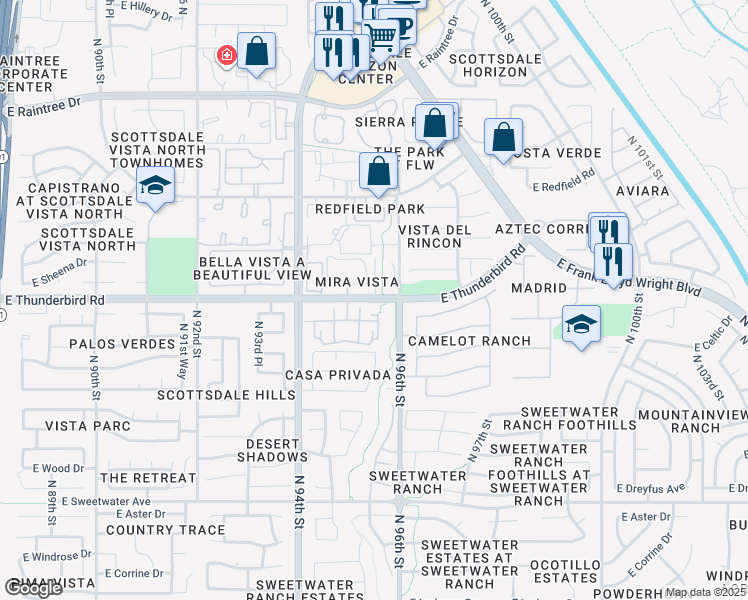 map of restaurants, bars, coffee shops, grocery stores, and more near 9595 East Thunderbird Road in Scottsdale