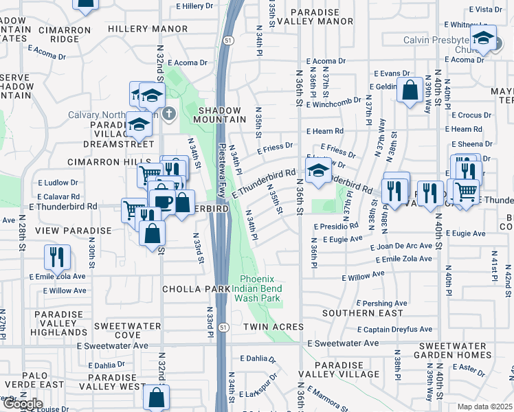 map of restaurants, bars, coffee shops, grocery stores, and more near 3445 East Thunderbird Road in Phoenix