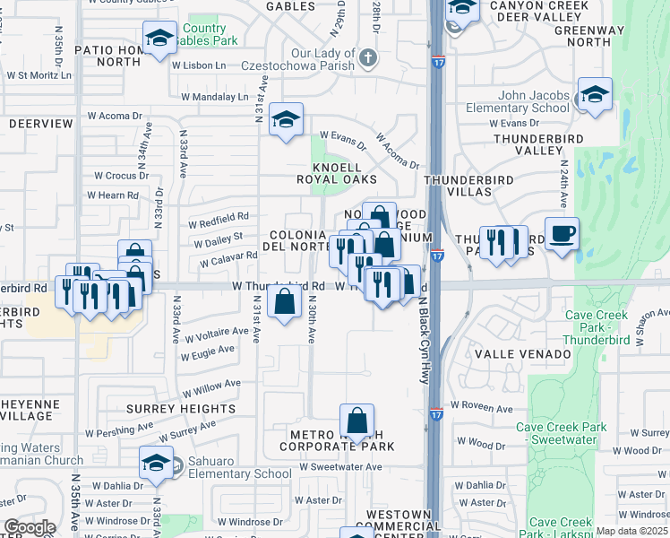 map of restaurants, bars, coffee shops, grocery stores, and more near 2990 West Thunderbird Road in Phoenix