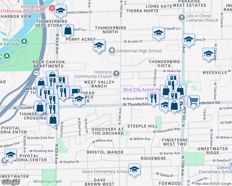 map of restaurants, bars, coffee shops, grocery stores, and more near 7972 West Thunderbird Road in Peoria