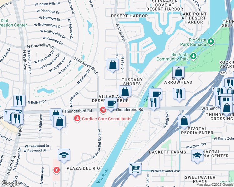 map of restaurants, bars, coffee shops, grocery stores, and more near 9140 West Ludlow Drive in Peoria