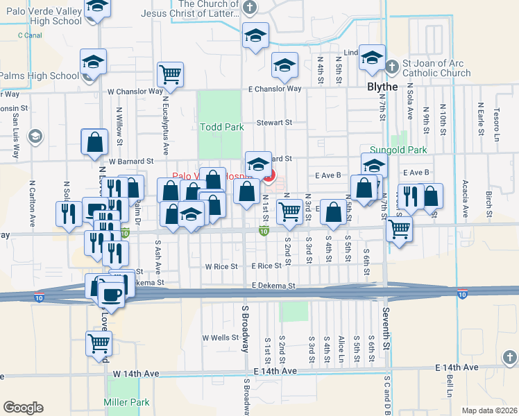 map of restaurants, bars, coffee shops, grocery stores, and more near 155 North 1st Street in Blythe