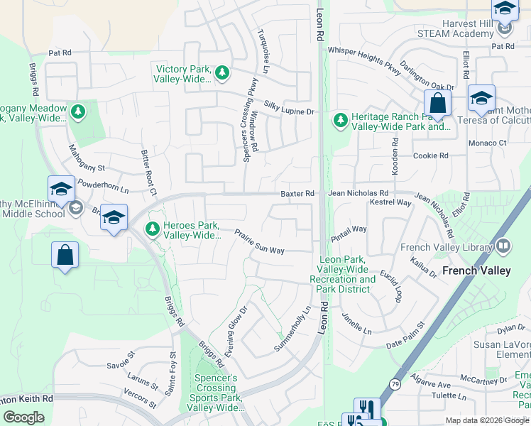 map of restaurants, bars, coffee shops, grocery stores, and more near 30820 Snowberry Lane in Murrieta