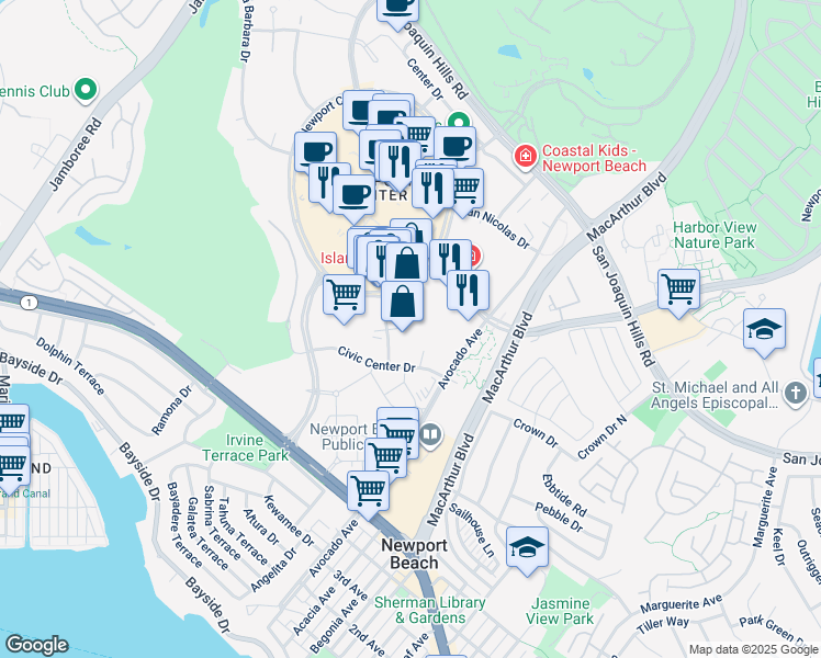 map of restaurants, bars, coffee shops, grocery stores, and more near 200 Newport Center Drive in Newport Beach