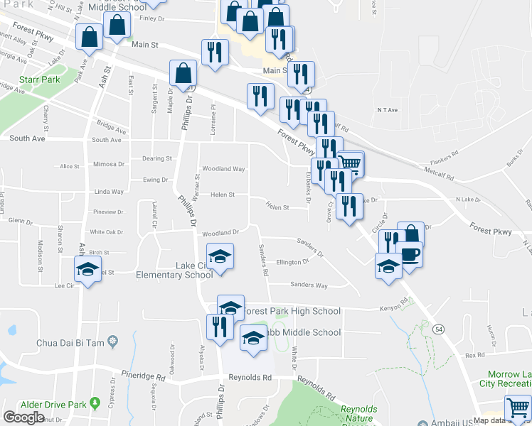 map of restaurants, bars, coffee shops, grocery stores, and more near 1157 Helen Street in Lake City