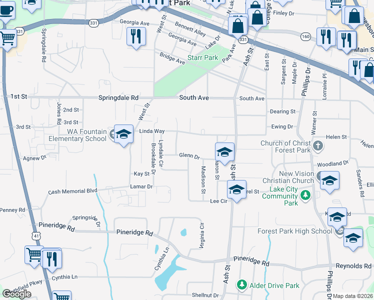 map of restaurants, bars, coffee shops, grocery stores, and more near 694 Glenn Drive in Forest Park