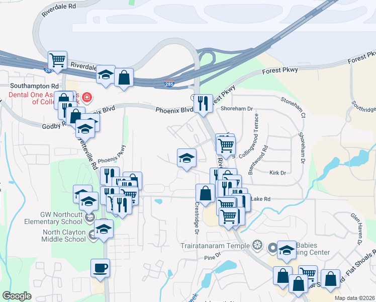 map of restaurants, bars, coffee shops, grocery stores, and more near 5327 Riverwalk Drive in Atlanta