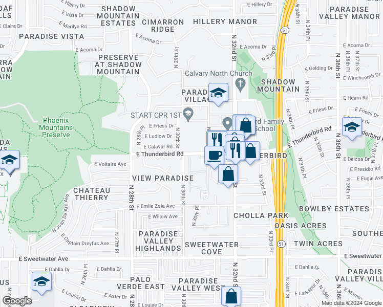 map of restaurants, bars, coffee shops, grocery stores, and more near 3010 East Thunderbird Road in Phoenix