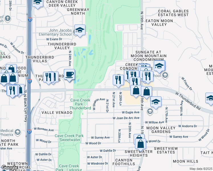 map of restaurants, bars, coffee shops, grocery stores, and more near 2140 West Thunderbird Road in Phoenix