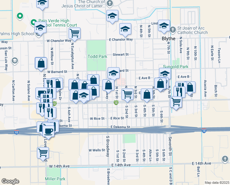 map of restaurants, bars, coffee shops, grocery stores, and more near 167 North 1st Street in Blythe