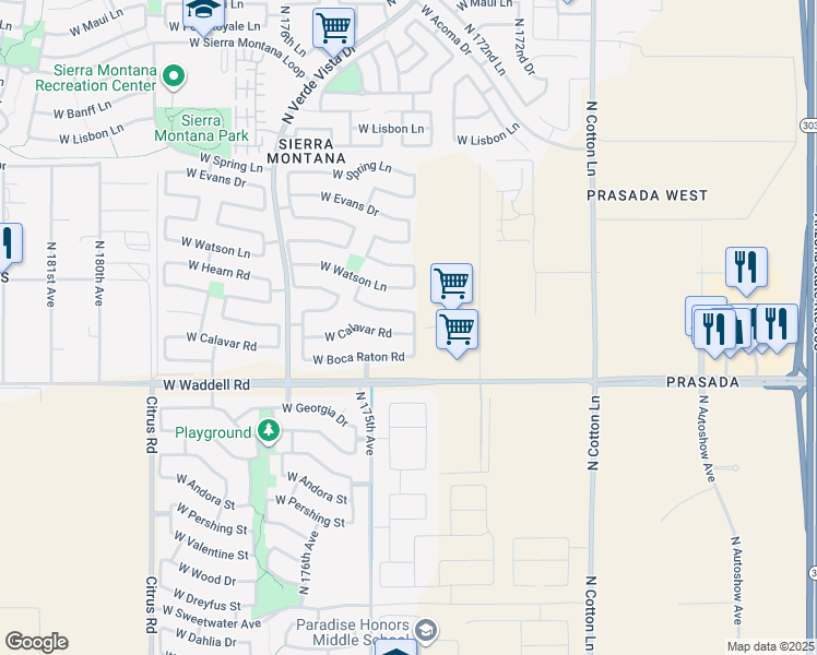 map of restaurants, bars, coffee shops, grocery stores, and more near 17421 West Ventura Street in Surprise