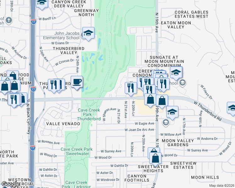 map of restaurants, bars, coffee shops, grocery stores, and more near 2140 West Thunderbird Road in Phoenix