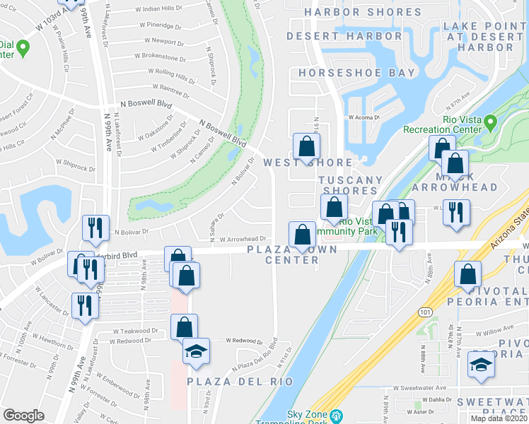 map of restaurants, bars, coffee shops, grocery stores, and more near 9207 West Elkhorn Drive in Sun City