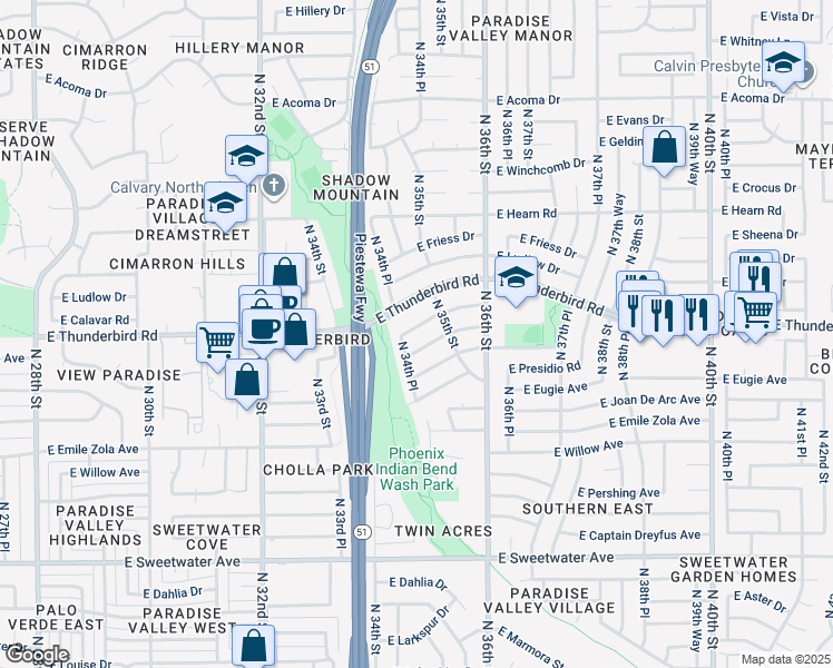 map of restaurants, bars, coffee shops, grocery stores, and more near 3445 East Thunderbird Road in Phoenix