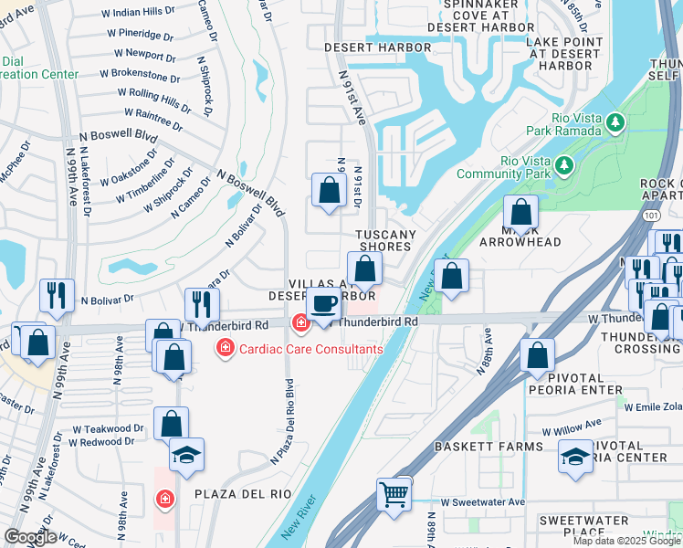 map of restaurants, bars, coffee shops, grocery stores, and more near 9140 West Ludlow Drive in Peoria