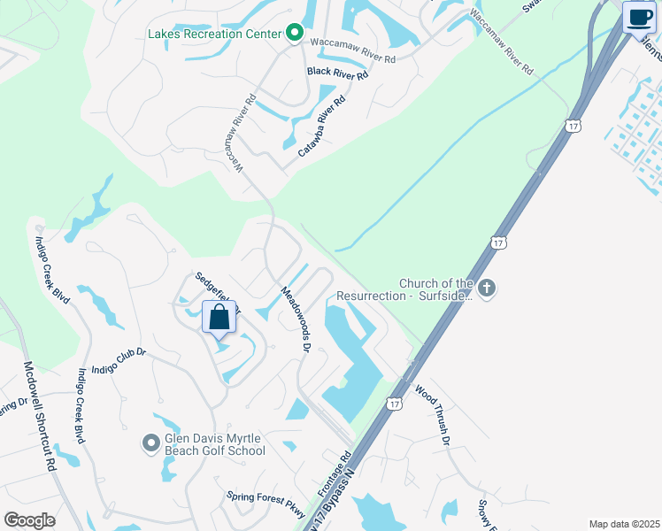 map of restaurants, bars, coffee shops, grocery stores, and more near 258 Four Leaf Lane in Murrells Inlet