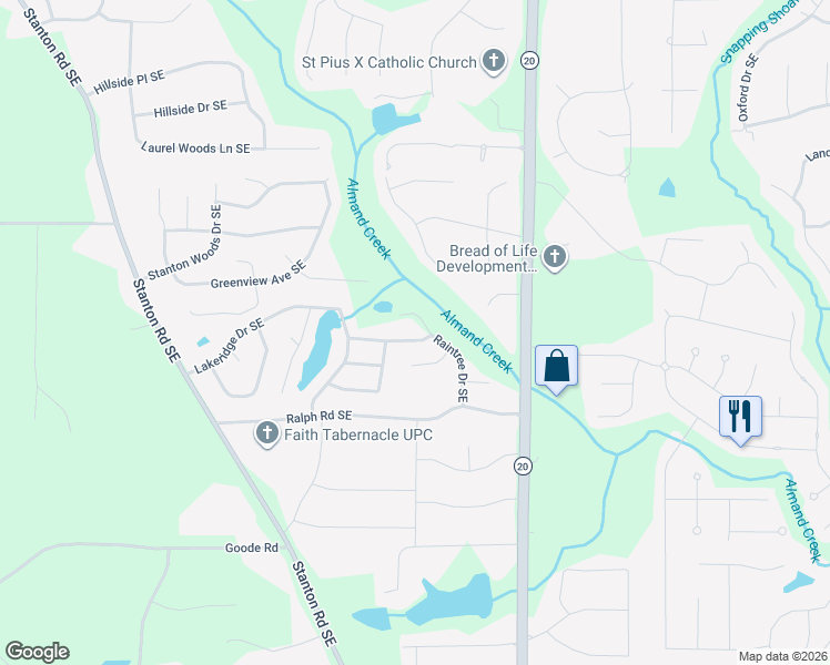 map of restaurants, bars, coffee shops, grocery stores, and more near 2935 Raintree Drive Southeast in Conyers
