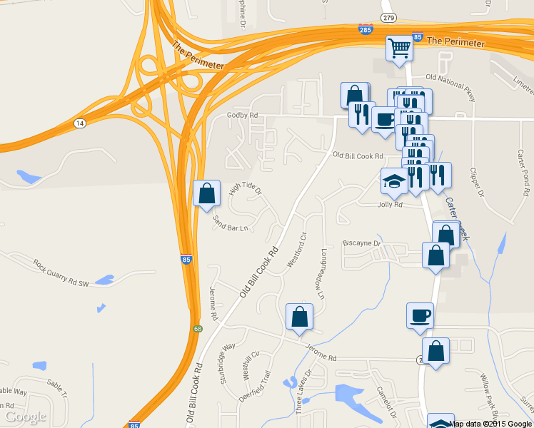 map of restaurants, bars, coffee shops, grocery stores, and more near 5290 Sand Bar Lane in College Park