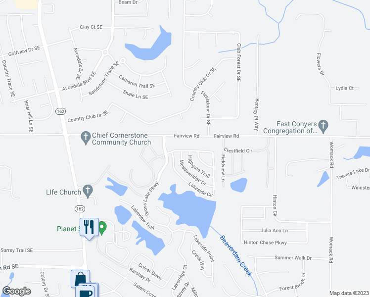map of restaurants, bars, coffee shops, grocery stores, and more near 115 Lakeside Circle in Covington