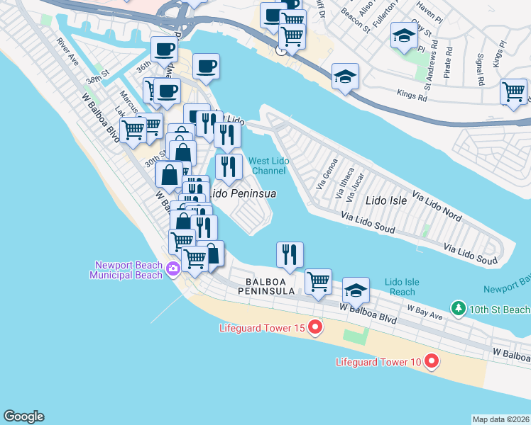 map of restaurants, bars, coffee shops, grocery stores, and more near 51 Beach Drive in Newport Beach
