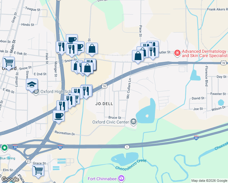 map of restaurants, bars, coffee shops, grocery stores, and more near 301 Central Avenue in Oxford