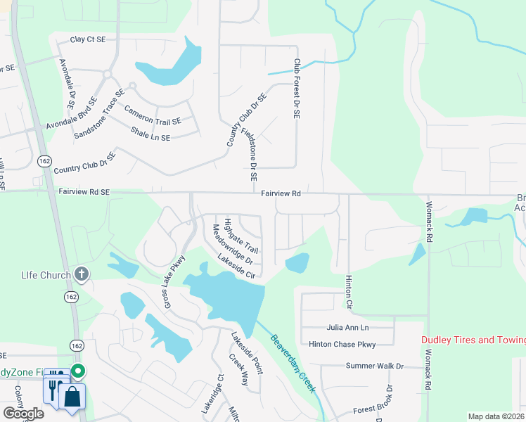 map of restaurants, bars, coffee shops, grocery stores, and more near 345 Lakeside Circle in Covington