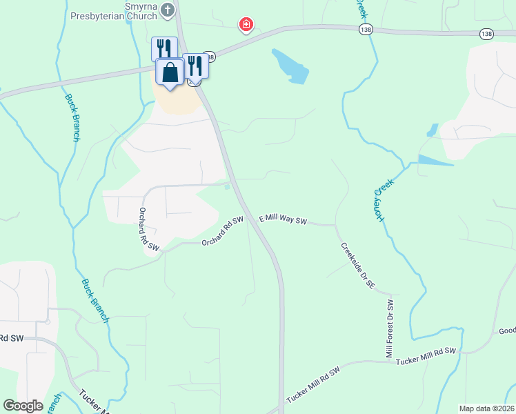 map of restaurants, bars, coffee shops, grocery stores, and more near 2701 East Mill Way Southwest in Conyers